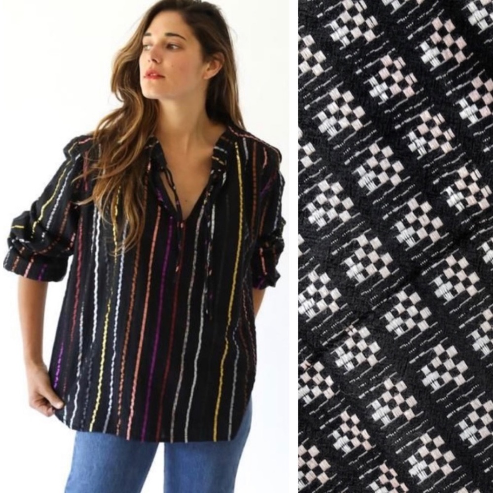 Ace & Jig Mia Long Sleeve Tie Pullover V-Neck Loose Fit Checkered Tunic